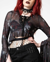 Killstar bell sleeved Wicked Rose mesh laced front crop ruffle blouse with rose print