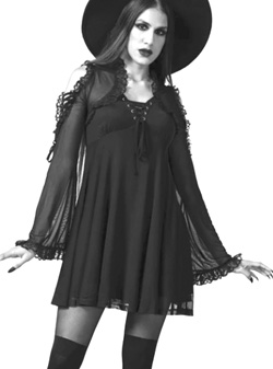 Killstar black nylon bell sleeve Haunted Maiden babydoll cold shoulder dress