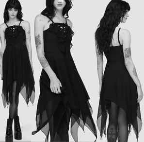 Killstar Anshee black poly elastane stretch chiffon lace up hanky hem dress