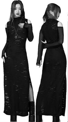 Killstar Biters black poly distressed maxi dress with long fishnet sleeves with thumbholes, side splt, cold shoulder, high neck