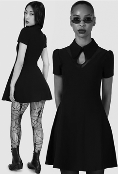 Killstar Wept Inside mini keyhole neck black poly elastance dress with mesh inserts, puff sleeves