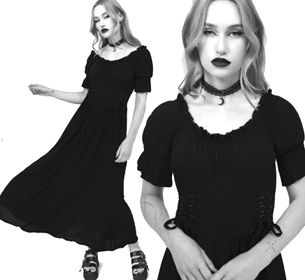 Killstar Jocasta black viscose short sleeve elastic neck maxi dress with corset details