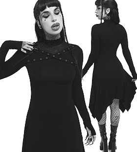 Killstar Midnight Riot long sleeve black stretch thumbhole high neck pointed hem dress