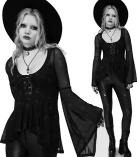 Killstar Spectralis flared sleeve stretch mesh crescent moon print high low tie front top