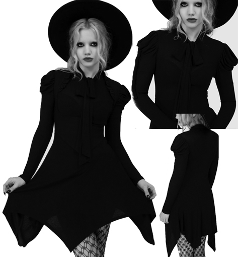 Killstar black soft stretch semi sheer viscose elastane uneven hem puff shoulder Cosmoshade dress, with neck bow