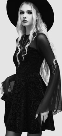 Killstar Enigma Garden black poly elastane stretch embossed velvet flare sleeve mini dress