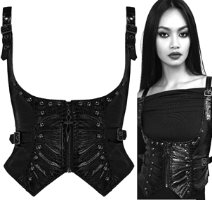 Killstar stretch black poly soft textured vinyl Psycho Moon underbust side buckle strap top with crucifix zipper pull, gunmetal studs