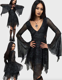 Killstar Nocturnal Grove stretch mesh hanky hem flared sleeve mini dress