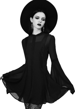 Killstar bell sleeve chiffon lined princess seam high neck Begone mini dress