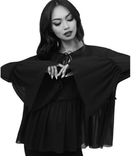 Killstar bell sleeve black poly chiffon keyhole front top with moon charms