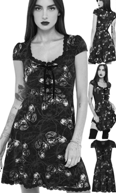 Killstar Spidrasica's web mini viscose jersey cap sleeve moth skull print dress