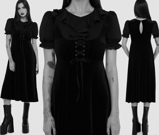 Killstar black velvet short sleeve lace up  Eulalie dress