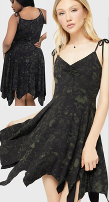 Killstar Utopia stretch viscose jersey hanky hem olive/black skull floral print tie strap dress