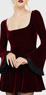Killstar red stretch velvet square neck flared sleeve Beatrix dress