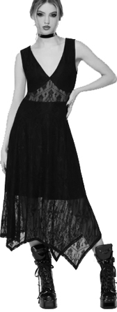 Killstar black lace Vesper Wraith sleevless v-neck hanky hem midi dress