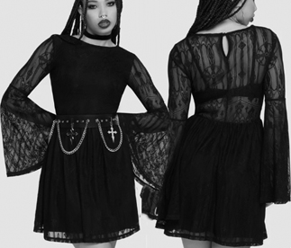 Killstar black cathedral lace Obscura Sanctum bell sleeve mini dress