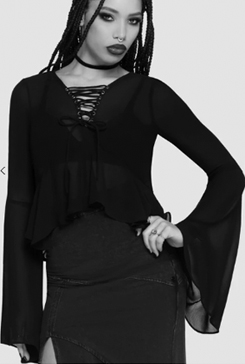 black Gaia adorned long sleeve viscose crop laced front top