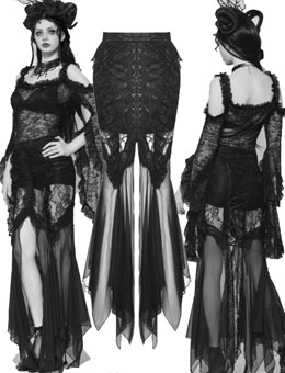 Dark in Love mermaid sheer black mesh ruffle fitted skirt with flowy hem