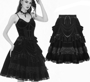 Dark in Love black poly spandex velvet lolita ruffled lace trimmed skirt