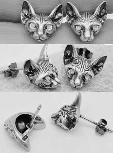 Sterling silver blue eye Bast cat head stud earrings