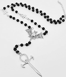 Mio Queena gothic metal ankh with black beads rosary necklace