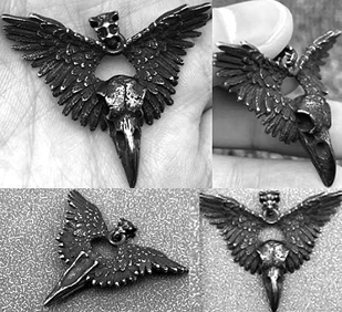 Mio Queena crow winged skull blackened stainless steel pendant