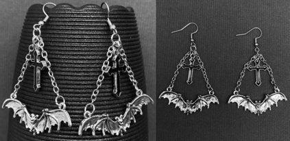 Mio Queena gothic bat enamel cross earrings