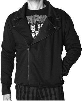 Kreepsville black fleece biker moto men's zip jacket with bat print lining