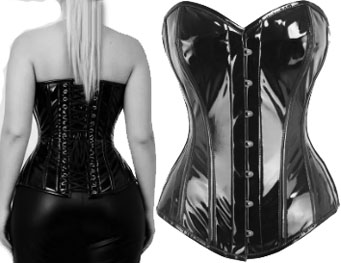 Luxe Noir black patent pu Cheray overbust corset with coil/flat steel boning, busk, back lacing