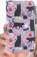 Comeco lavender Halloween cats, ghosts and bats vinyl zip wallet