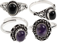 amethyst or black tourmaline gemstone small adjustable size brass ring
