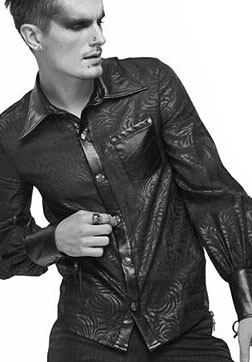 Devil Fashion black sheer swirl pattern mens long sleeve button up shirt with vinyl collar, cuffs