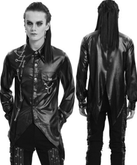 Devil Fashion gothic pleather chain assymetric mens' long sleeve shirt