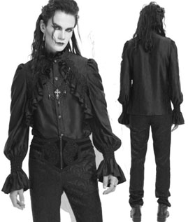 Devil Fashion black ruffle high neck with cross, chains mens long sleeve shirt 