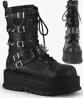 Pleaser/Demonia black pu lace up 2 inch platform women's mid calf Slacker boot with metal zip, spikes