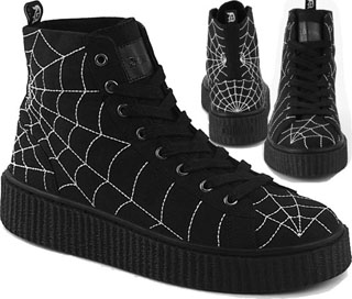 Pleaser/Demonia black canvas Sneeker round toe lace up front high top 1 1/2 inch platform glow spiderweb stitch creeper shoe