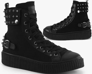 Pleaser/Demonia black canvas Sneeker round toe lace up front high top 1 1/2 inch platform glow spiderweb stitch creeper shoe