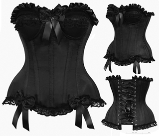 Daisy Top Drawer black satin steel boned overbust corset top.