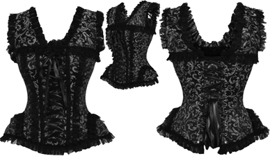 Daisy Top Drawer silver black swirl brocade and lace steel boned corset top with cap sleeves.