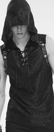 Devil Fashion Cyberpunk black textured knit mesh sleeveless hooded guys' shirt