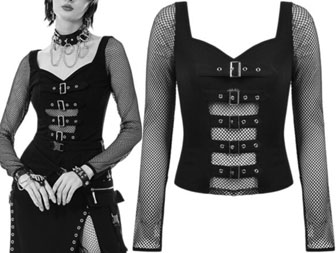 Dark in Love black stretch punk mesh buckle long sleeve top
