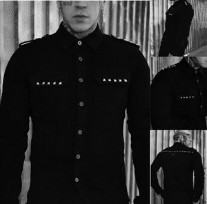 Vampire Freaks long sleeve mens Wreckage studded shoulder black shirt with epaulettes