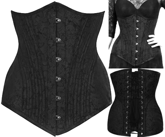Luxe Noir underbust Orchid waist training black brocade waist cincher corset with coil steel bones, back lacing, front busk