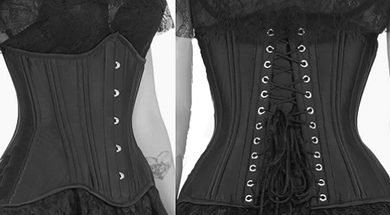 Luxe Noir underbust Willow black tafetta waist cincher corset with coil steel bones, back lacing, front busk