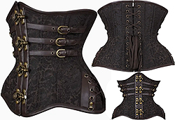 Luxe Noir underbust black floral poly brocade coil and flat steel boned Kynsley waist trainer corset with busk, back lacing