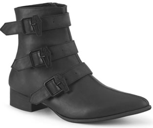 Pleaser/Demonia black pu 1 1/2 inch block heel pointed toe ankle Warlock boot with side zip, straps with coffin buckles