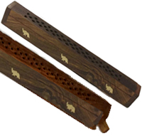 Wood coffin 12 x 1 1/2 inch slim incense holder/burner with elephant motif
