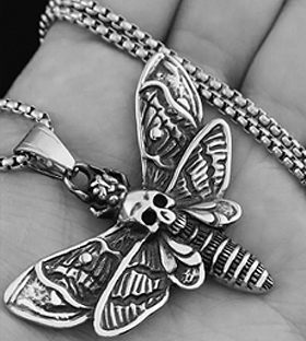 Gemco Hub vampire Viking moth skull necklace
