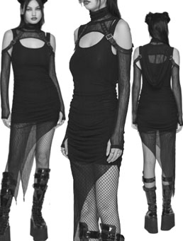 Punk Rave Wasteland black stretch mesh hooded 2 piece asymmetric buckle dress