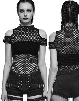 Devil Fashion women's black fishnet punk short sleeve t-shirt with cold shoulder